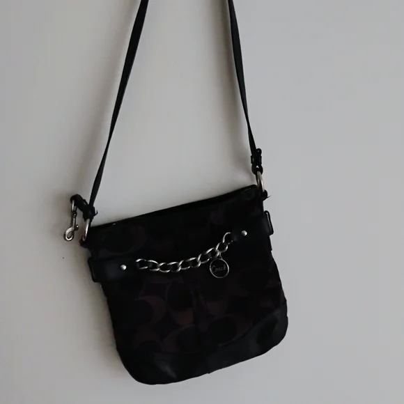 Coach Black Leather Dark Brown Canvas Signature Crossbody Bag Purse - Picture 15 of 15